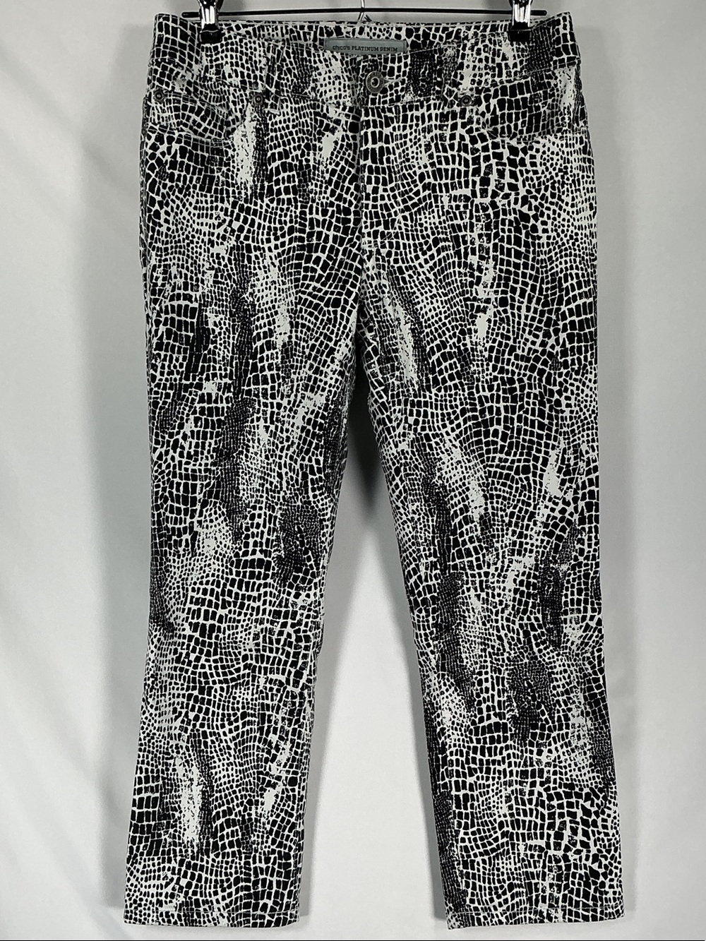 Chico's Platinum Mosaic Print Cropped Jeans XS Black White Ankle Pants Size 0